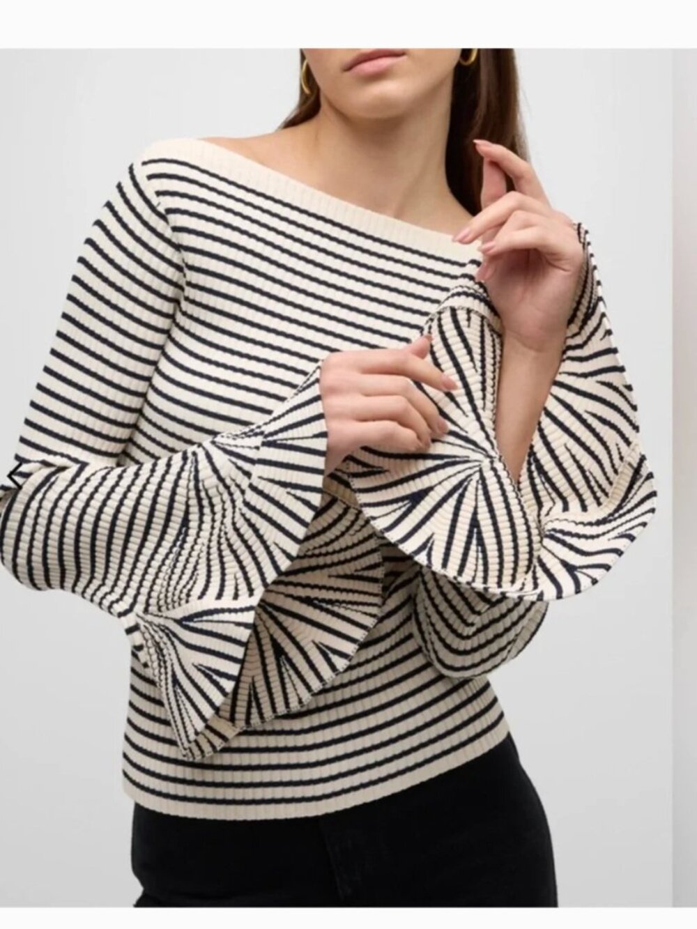 A.L.C. Aster Cream and Black Striped Ribbed Boatneck Sweater with Bell Sleeves